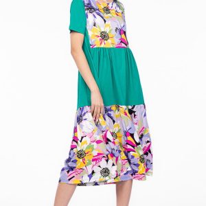 Rochie verde cu platca si doua volane, imprimeu flori mari, din bumbac
