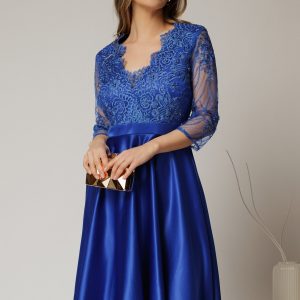 Rochie Inna midi albastra din tafta in clos cu dantela la bust