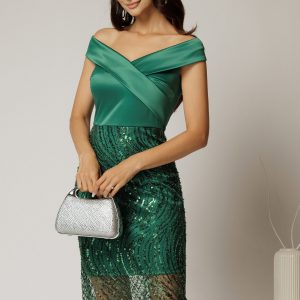 Rochie Joanna verde de ocazie din tafta si paiete