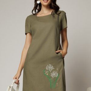 Rochie kaki din in cu flori brodate si croi drept