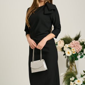 Rochie LaDonna eleganta din stofa neagra cu funda maxi pe umar si fronseu in talie