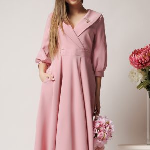Rochie LaDonna office din stofa roz cu bust petrecut si rever