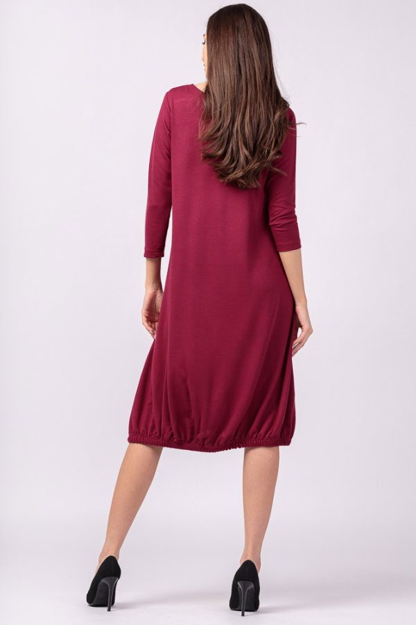 Rochie bordo din tricot, cu elastic la poale si imprimeu maci rosii