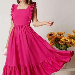 Rochie Lauren midi fucsia din triplu voal cu volane si spatele gol