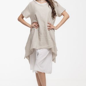 Rochie lejera din bumbac cu doua straturi si croi asimetric, alb-bej