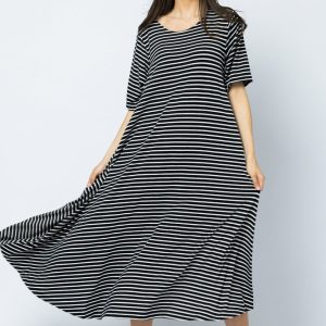 Rochie lunga A-line, dungi alb-bleumarin