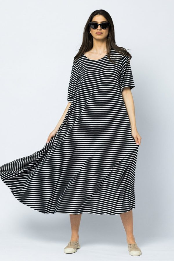 Rochie lunga A-line, dungi alb-bleumarin