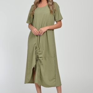 Rochie lunga A-line din in mercerizat cu siret la poale, kaki deschis