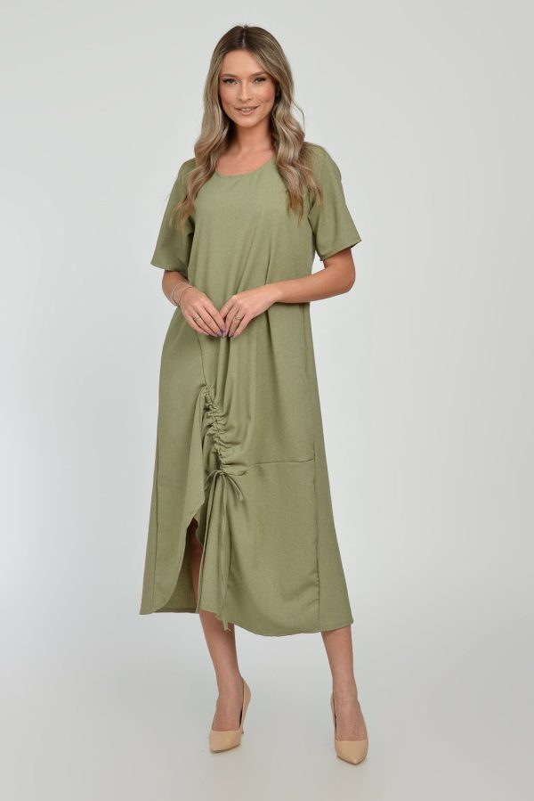 Rochie lunga A-line din in mercerizat cu siret la poale, kaki deschis