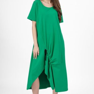 Rochie lunga A-line verde, din tricot de bumbac cu siret la poale