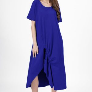 Rochie lunga A-line albastra, din tricot de bumbac cu siret la poale
