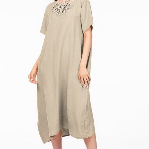 Rochie lunga bej din in mercerizat si vascoza, marime oversize