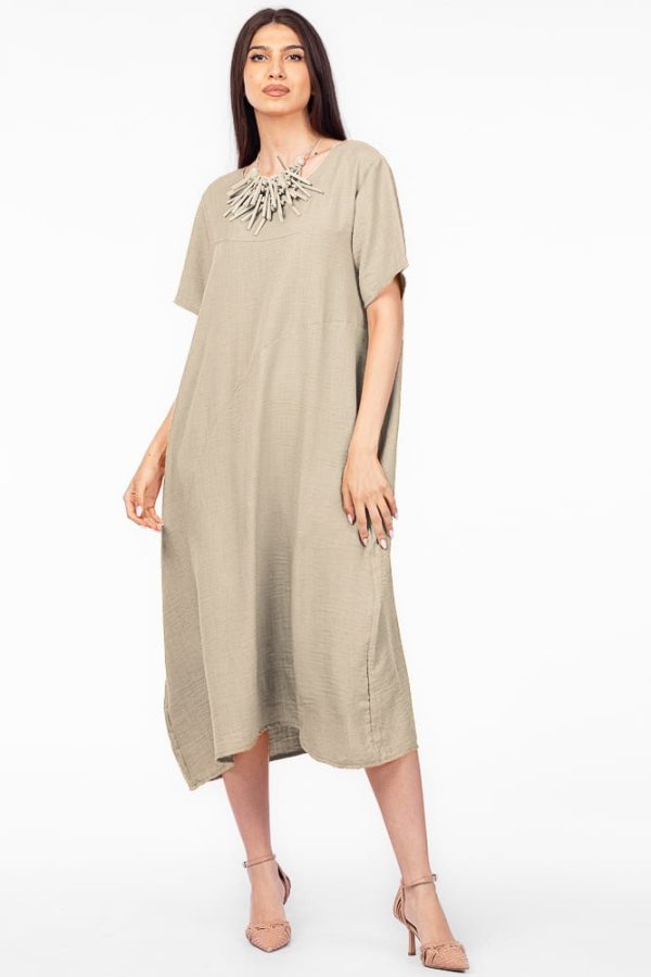 Rochie lunga bej din in mercerizat si vascoza, marime oversize