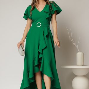 Rochie lunga de ocazie din stofa verde cu volane si cordon in talie