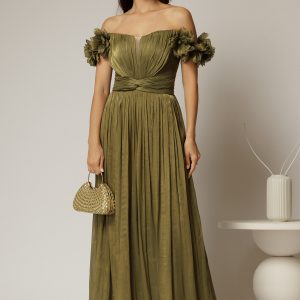 Rochie lunga de ocazie olive din voal peliculizat cu aplicatii florale 3D