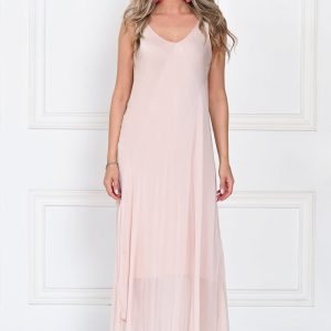 Rochie lunga din matase cu croi fluid si bretele fine, eleganta, roz delicat