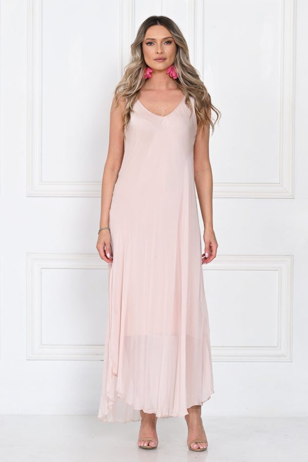 Rochie lunga din matase cu croi fluid si bretele fine, eleganta, roz delicat
