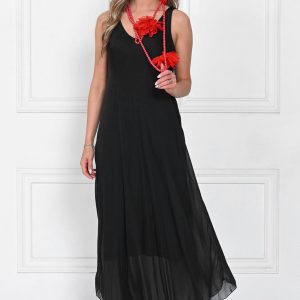 Rochie lunga din matase cu croi fluid si bretele fine, eleganta, neagra