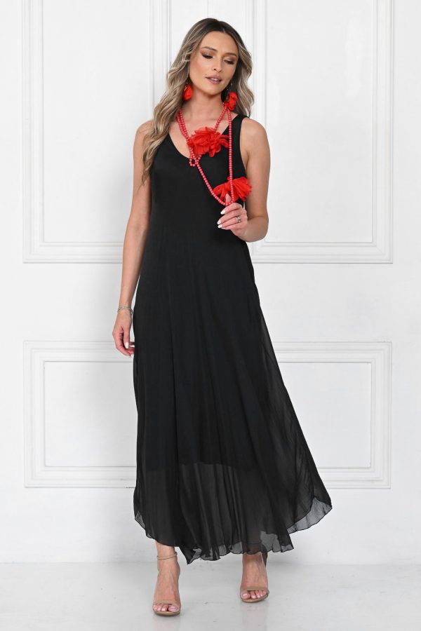 Rochie lunga din matase cu croi fluid si bretele fine, eleganta, neagra