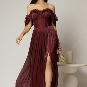 Rochie lunga grena de ocazie din voal peliculizat cu bust tip corset