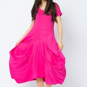 Rochie lunga in colturi, din tricot de bumbac, fucsia