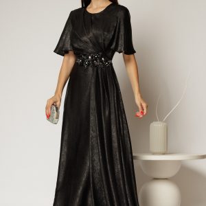 Rochie lunga neagra de seara din voal cu accesoriu in talie