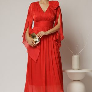 Rochie lunga rosie de seara din voal peliculizat