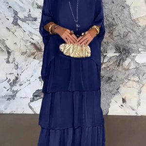Rochie lunga suprapusa din matase si vascoza, cu trei volane mari si maneca cazuta, bleumarin