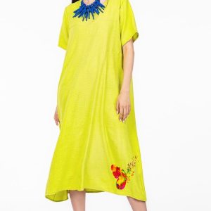 Rochie lunga verde lime din in mercerizat si vascoza, marime oversize cu fluture stilizat