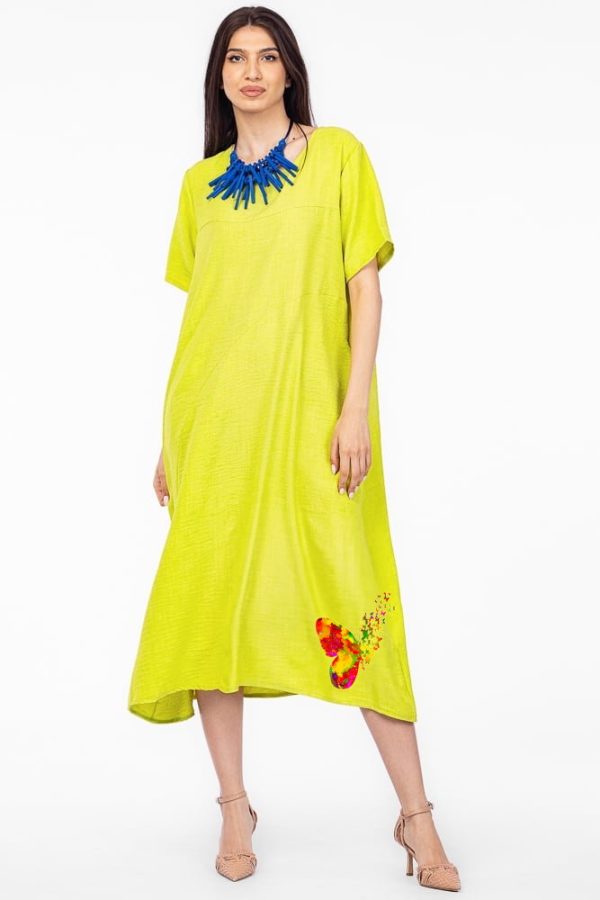 Rochie lunga verde lime din in mercerizat si vascoza, marime oversize cu fluture stilizat