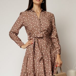Rochie maro midi din viscoza si imprimeu cu buline