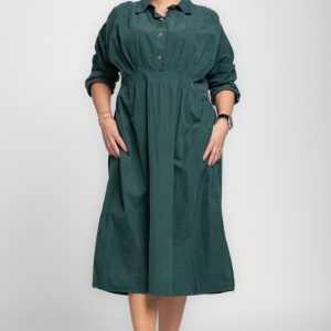 Rochie masura mare din catifea reiata taiata in talie, verde inchis