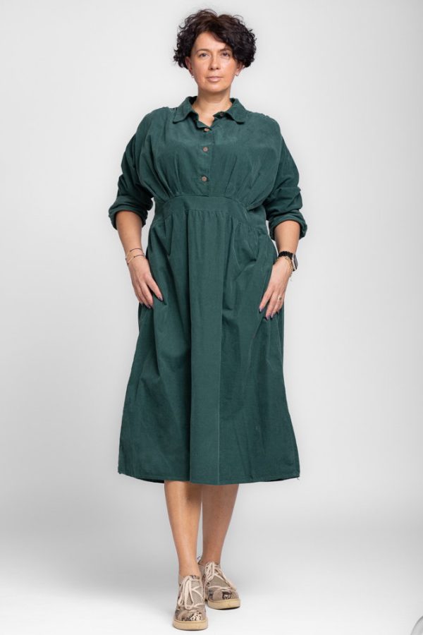 Rochie masura mare din catifea reiata taiata in talie, verde inchis