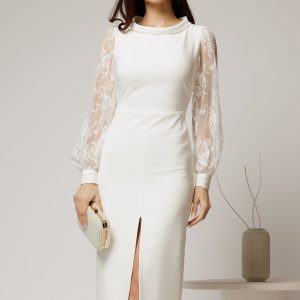Rochie midi alba conica cu maneci din dantela si guler barcuta