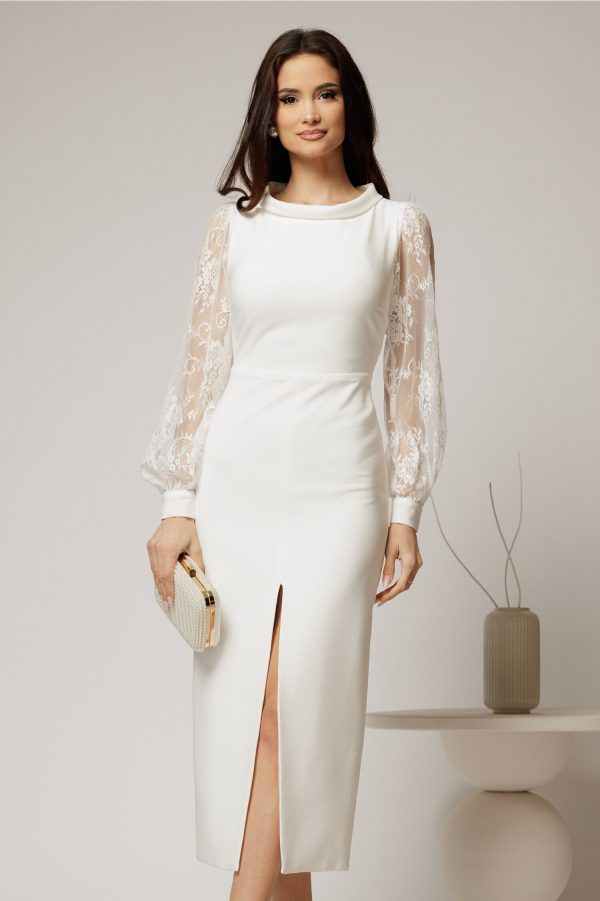 Rochie midi alba conica cu maneci din dantela si guler barcuta