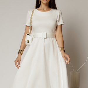 Rochie midi alba cu maneca scurta si curea in talie cu adaos de viscoza