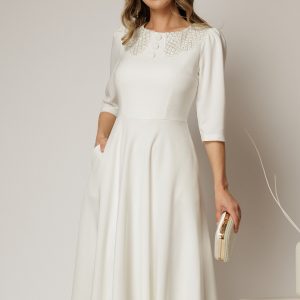 Rochie midi alba de ocazie cu nasturi pe bust si guler cu broderie si margele
