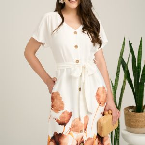 Rochie midi alba din satin cu imprimeuri florale maro la baza si cordon in talie