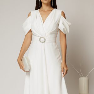 Rochie midi alba din voal in clos cu decupaje la umeri si cordon in talie
