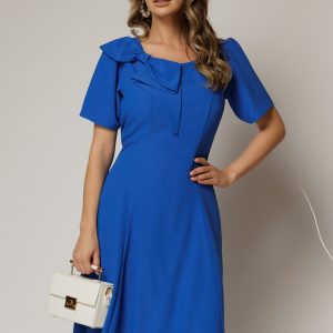 Rochie midi albastra cu funda la umar si croi in clini