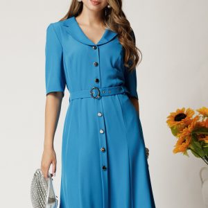 Rochie midi albastru din triplu voal cu nasturi si cordon