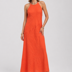 Rochie lunga, asimetrica, din in, cu spatele gol, rosu tangerine