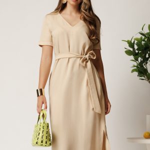 Rochie midi bej din tencel cu croi drept si cordon in talie