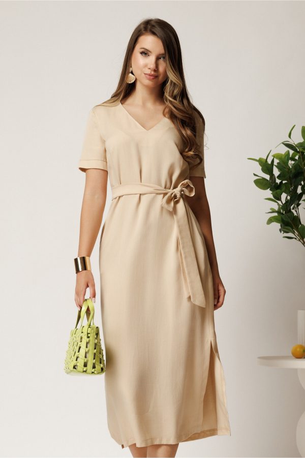 Rochie midi bej din tencel cu croi drept si cordon in talie