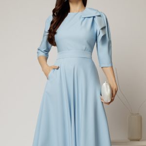 Rochie midi bleu clos cu funda ampla pe umar si cordon detasabil