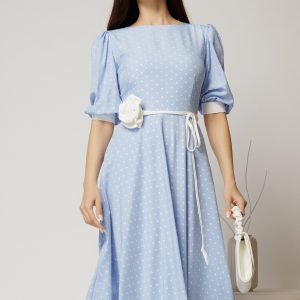 Rochie midi bleu cu buline si cordon detasabil in talie