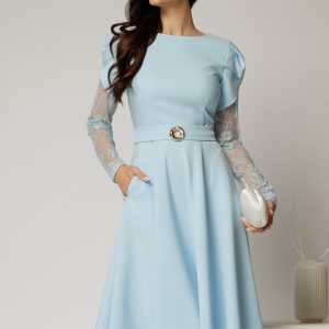 Rochie midi bleu cu maneci din dantela si cordon detasabil