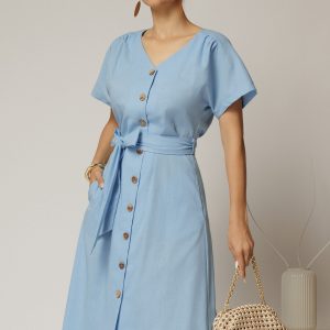 Rochie midi bleu de zi din in tip camasa cu manecile scurte