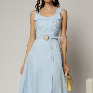 Rochie midi bleu din poplin cu nasturi si curea in talie