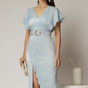 Rochie midi bleu din satin cu insertii de dantela